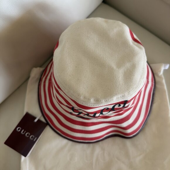 NWT Gucci Striped Canvas Bucket Hat Red White Sz S 100% Authentic - Picture 9 of 9